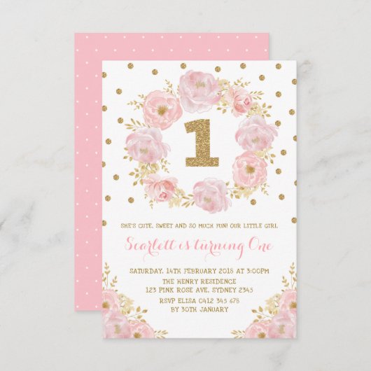 かわいらしいピンクの金ゴールドの花柄の第1最初誕生会 招待状 (正面/裏面)