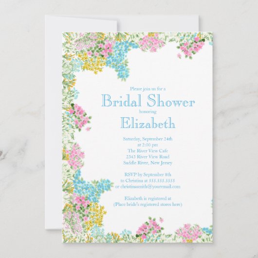 かわいらしいピンクの青い水彩画によってはブライダルシャワーが開花します 招待状 (正面)