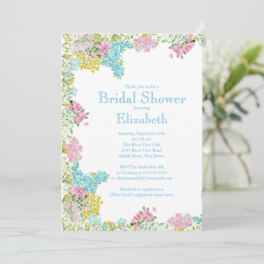 かわいらしいピンクの青い水彩画によってはブライダルシャワーが開花します 招待状 (スタンド正面)