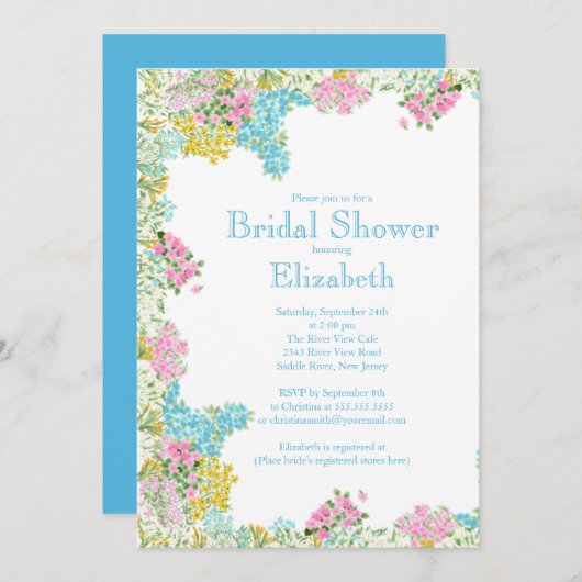 かわいらしいピンクの青い水彩画によってはブライダルシャワーが開花します 招待状 (正面/裏面)