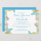 かわいらしいピンクの青い花の中立ベビーシャワー 招待状 (正面/裏面)