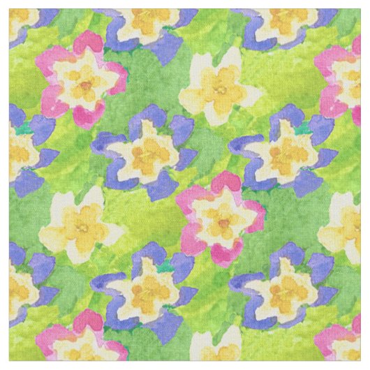 かわいらしいピンクの青く黄色いサクラソウの生地 ファブリック (クローズアップ)
