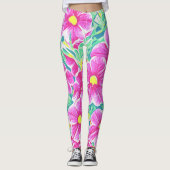 かわいらしいピンクの黄色く白い及び緑の花のレギンス レギンス (正面)