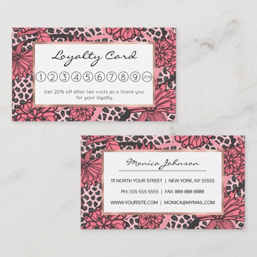 かわいらしいピンクの黒い花のヒョウのプリントパターン ロイヤリティカード (正面/裏面)