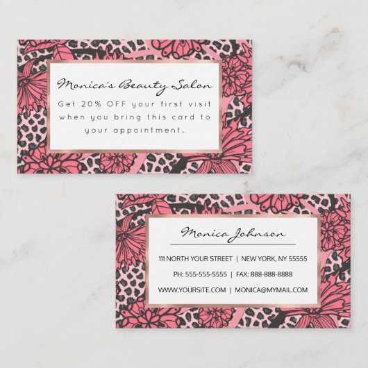 かわいらしいピンクの黒い花のヒョウのプリントパターン 割引カード (正面/裏面)
