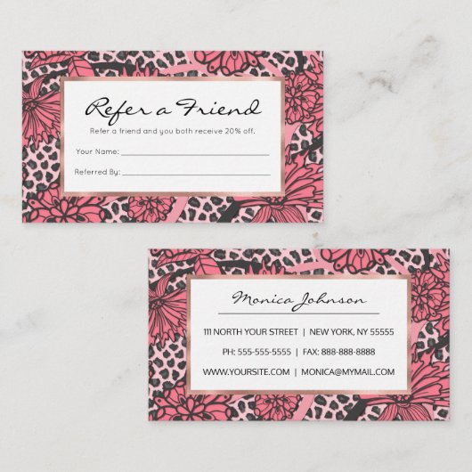 かわいらしいピンクの黒い花のヒョウのプリントパターン 紹介カード (正面/裏面)