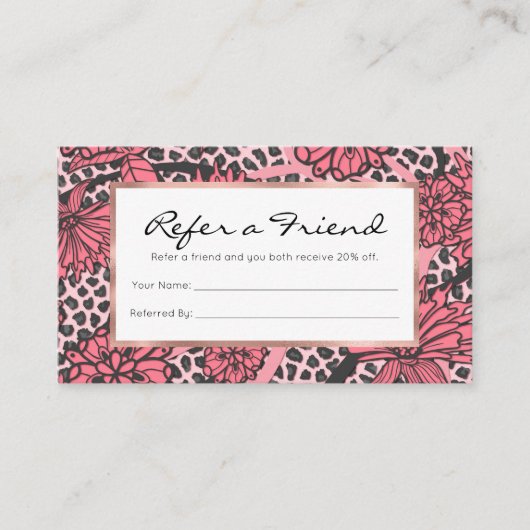 かわいらしいピンクの黒い花のヒョウのプリントパターン 紹介カード (正面)