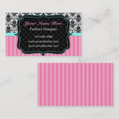 かわいらしいピンクの、白黒ダマスク織の名刺 名刺 (正面/裏面)