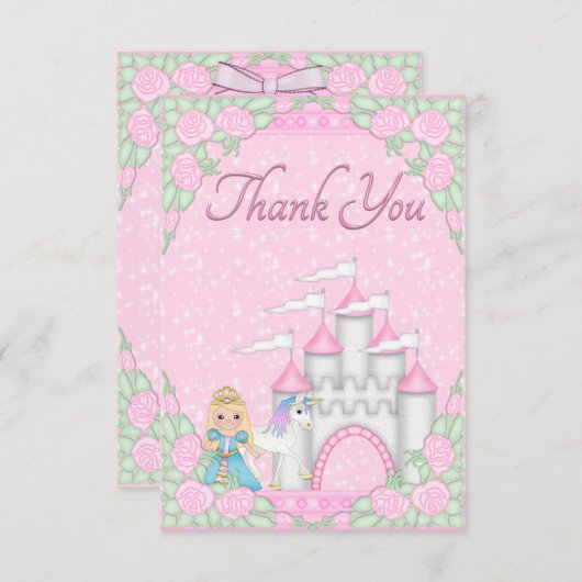 かわいらしいプリンセス、ユニコーン及び城は感謝していしています サンキューカード (正面/裏面)