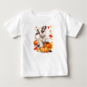 かわいらしいベビーヤギとカボチャ秋 ベビーTシャツ