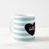 かわいらしいミントおよび白のストライプのこんにちはハート コーヒーマグカップ (正面左)