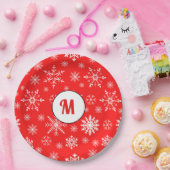 かわいらしいモノグラムの雪片の模様が赤かわいい ペーパープレート (パーティー)