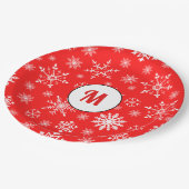 かわいらしいモノグラムの雪片の模様が赤かわいい ペーパープレート (アングル)