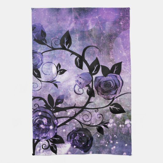 かわいらしいラベンダーの紫色のファンタジーのばら色のつる植物の花柄 キッチンタオル (縦)