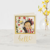 かわいらしいレトロの女性"こんにちは"ノート カード (黄色い花)