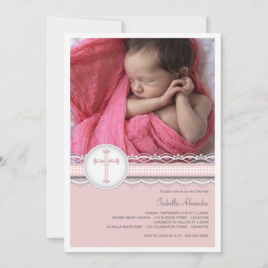 かわいらしいレースの写真の《キリスト教》洗礼式や命名式の招待状 招待状 (正面)