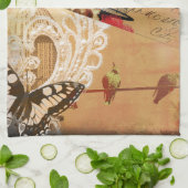 かわいらしいレースの端のヴィンテージの蝶ターコイズのセピア色 キッチンタオル (折り畳み)