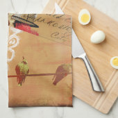 かわいらしいレースの端のヴィンテージの蝶ターコイズのセピア色 キッチンタオル (四つ折り)