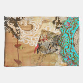 かわいらしいレースの端のヴィンテージの蝶ターコイズのセピア色 キッチンタオル (横)