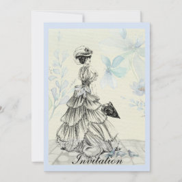 かわいらしいヴィンテージの女性および青い花 招待状