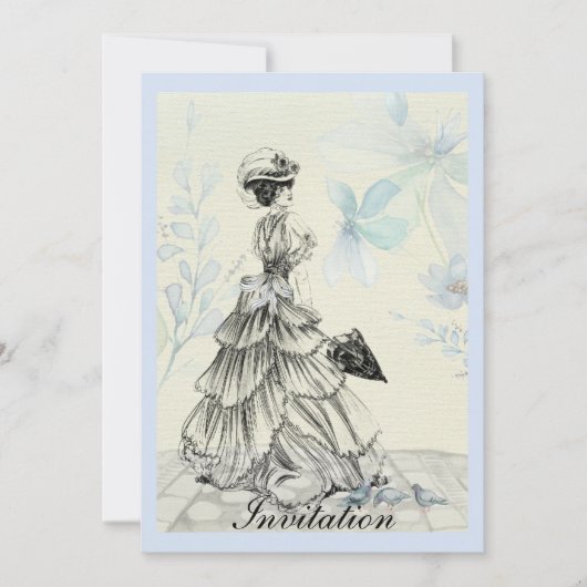 かわいらしいヴィンテージの女性および青い花 招待状 (正面)