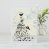 かわいらしいヴィンテージの女性および青い花 招待状 (スタンド正面)