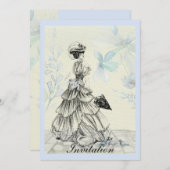 かわいらしいヴィンテージの女性および青い花 招待状 (正面/裏面)