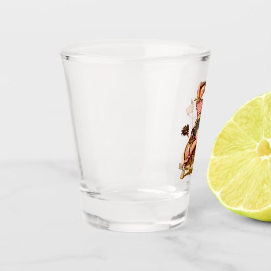 かわいらしいヴィンテージの西部の女性のカーボーイの木製の馬Sittin ショットグラス (左)