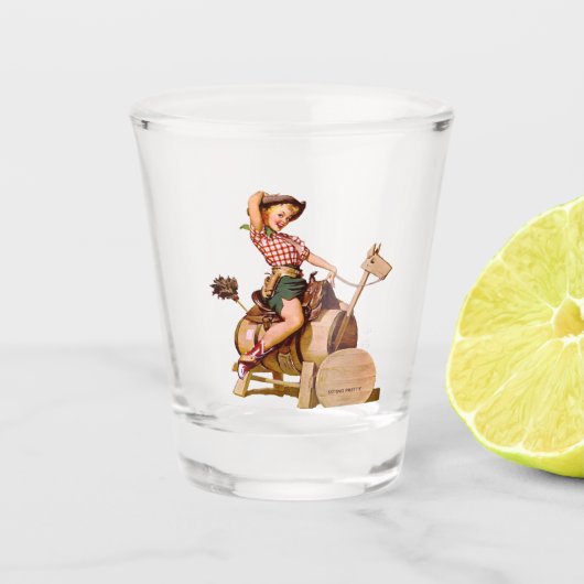 かわいらしいヴィンテージの西部の女性のカーボーイの木製の馬Sittin ショットグラス (正面)
