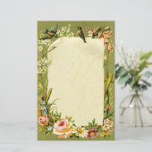 かわいらしいヴィンテージの鳥及び花のボーダー装飾 便箋 (スタンド正面)