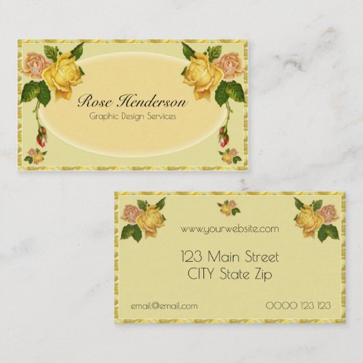 かわいらしいヴィンテージの黄色バラのフェミニンな花柄 名刺 (正面/裏面)
