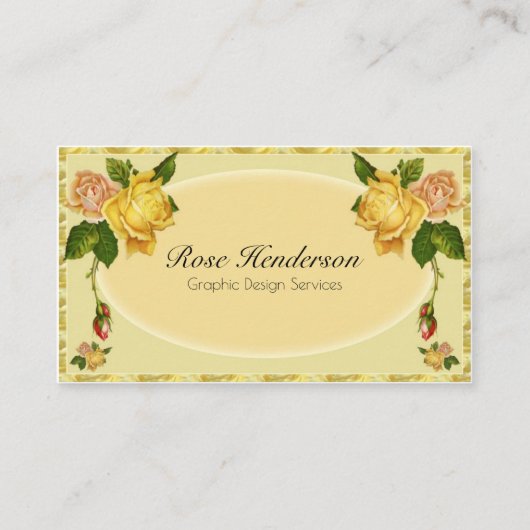 かわいらしいヴィンテージの黄色バラのフェミニンな花柄 名刺 (正面)