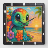 かわいらしい亀のビーチサンセット スクエア壁時計 (正面)