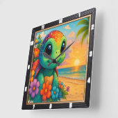 かわいらしい亀のビーチサンセット スクエア壁時計 (傾斜)