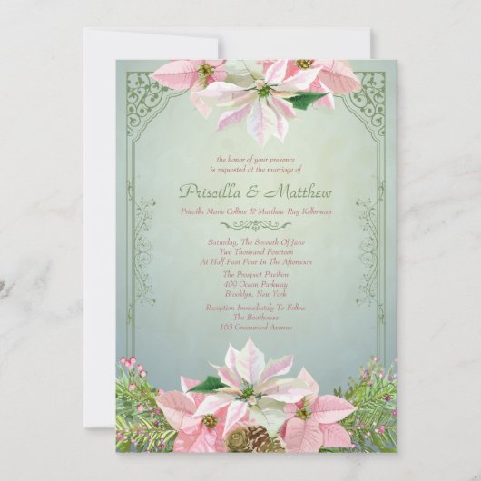 かわいらしい冬のマツ及びポインセチアの花の結婚式 招待状 (正面)