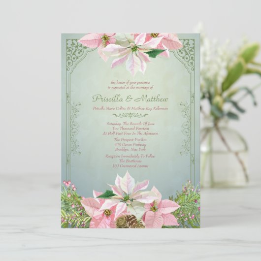 かわいらしい冬のマツ及びポインセチアの花の結婚式 招待状 (スタンド正面)