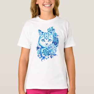 かわいらしい手描きの10人の青い陰猫の女の子のTシャツ Tシャツ