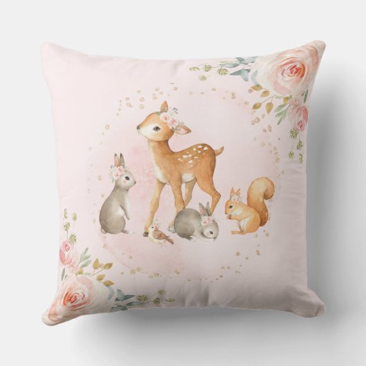 かわいらしい森林森林動物のピンクの花の子供部屋 クッション (裏面)