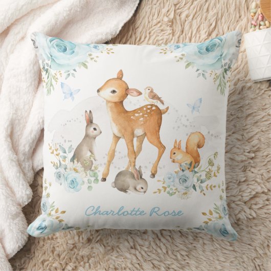 かわいらしい森林森林動物の青い花の子供部屋 クッション (ブランケット)