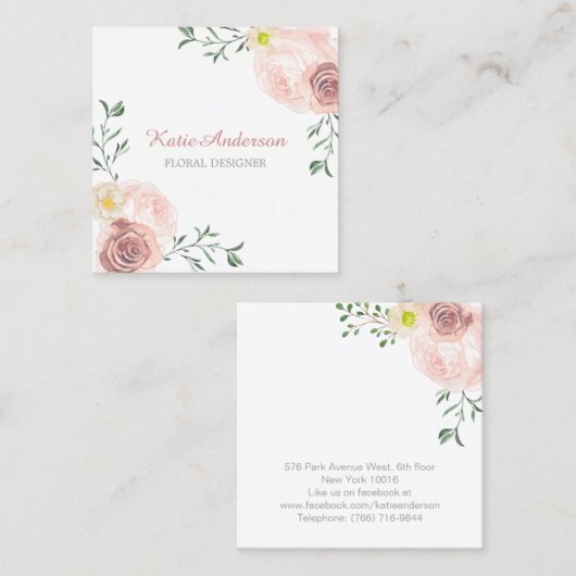 かわいらしい正方形の水彩画の花の名刺 スクエア名刺 (正面/裏面)