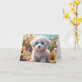 かわいらしい毛ふわふわした子犬の挨拶空白の会 カード (黄色い花)