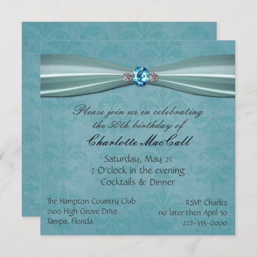 かわいらしい水のダマスク織の誕生日の招待 招待状 (正面/裏面)