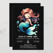 かわいらしい水の色マーメイド誕生日 招待状 (正面/裏面)