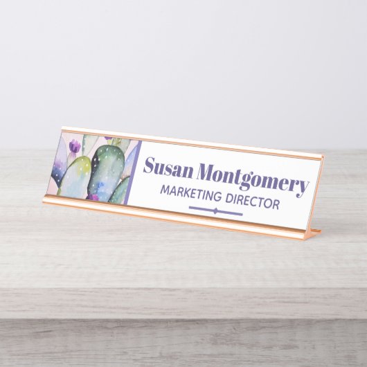 かわいらしい水彩画のサボテン及び花パーソナライズな| デスクネームプレート (正面)