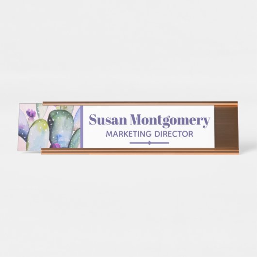 かわいらしい水彩画のサボテン及び花パーソナライズな| デスクネームプレート (正面)