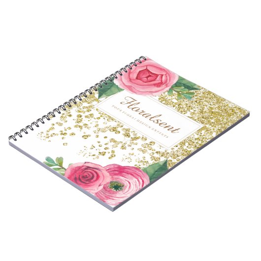 かわいらしい水彩画のバラおよびグリッターのノート ノートブック (左側)