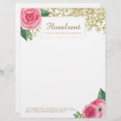 かわいらしい水彩画のバラおよびグリッターレターヘッド レターヘッド (正面/裏面)