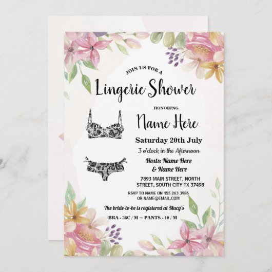 かわいらしい水彩画のパステル調の花のランジェリーのシャワー 招待状 (正面/裏面)