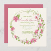 かわいらしい水彩画の花のリースの誕生会 招待状 (正面/裏面)