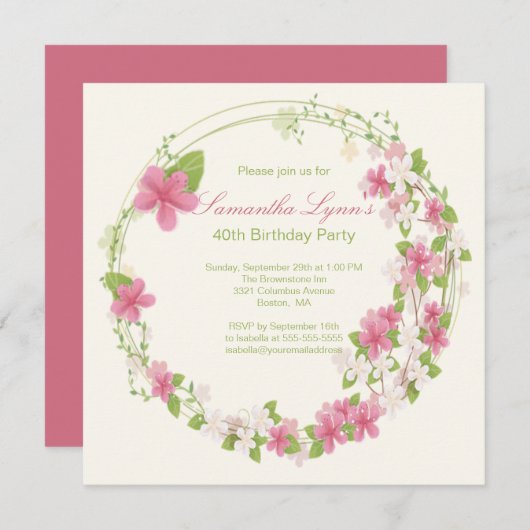 かわいらしい水彩画の花のリースの誕生会 招待状 (正面/裏面)